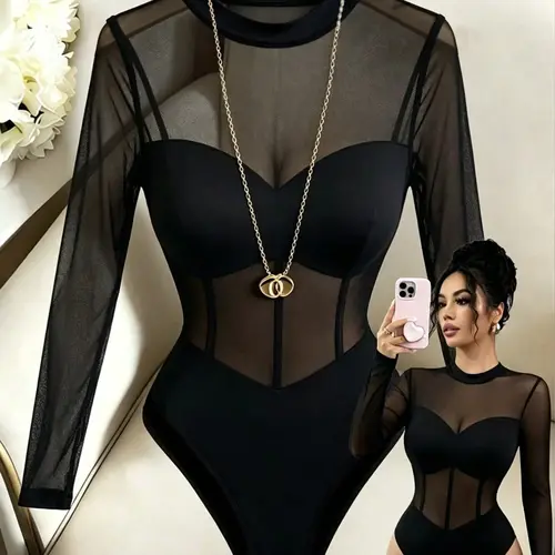 New Women's Stand Collar Mesh Patchwork Knit Fabric Long Sleeve Vacation Party Date Sexy Elegant Minimalist One-Piece Jumpsuit Bodysuit