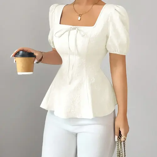 New Women's Fashion Chic Versatile French Bow Tie Belt High-End Bubble Sleeves Elegant Embroidered Fabric Shirt, Casual Loose-Fitting Short Sleeve Blouse, Casual Classy Top, Womenswear