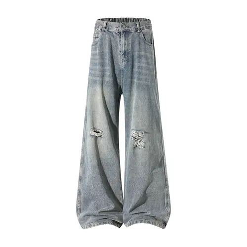 Men's ripped jeans, retro straight-leg style, washed fabric, with pockets, ideal for casual activities, holiday outfits and trendy looks.