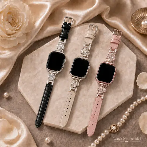 Durable PU Leather Sparkly 4-Leaf Clover Watch Band (Band Only), Rhinestone Fashion Replacement Strap, Wearable Accessory Fits 38/40/41mm & 42/44/45/46/49mm, Available in Black/White/Pink, Suitable for Work, Smart Watch Accessories