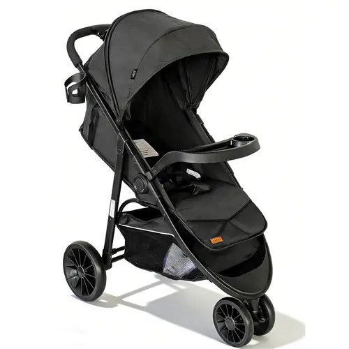 3-Wheel Baby Stroller, Foldable Infant Stroller, Equipped with A Tray and Cup Holder, with An Extended Sun Canopy with Zipper, Mesh Window, Easy One-Hand Fold, Newborn Stroller