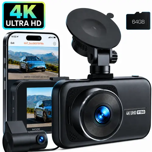 LAMTTO 4K WiFi Dual Channel Front+Rear Evidence Dash Cam with 5G WiFi App Control, Night Vision, G-Sensor, Loop Recording, 24/7 Park Recording, Smart Driving Tech, Free 64GB Card - Cars Accessories Summer Essential Tool Upgrade