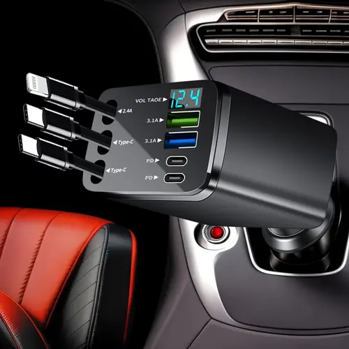 7-in-1 Retractable Portable Fast Charging Automotive Charger - 70cm Lightning/Dual USB-C Cables, 4 PD/USB Ports, Smart Chip Protection, LED 10-14.9V Voltage Monitor, Universal Plug Simplifies Cabin Setup for Road Trips