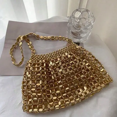 Niche handmade exquisite dinner party bag, retro fashion shoulder bag, personalized gold sequined design bag, suitable for daily commuting, shopping and dating, Crossbody Chain Bag, Fashionable Unique Bags