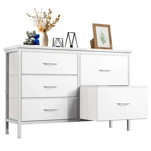 Sweetcrispy 5-Drawer Steel Frame Practical Dresser - White Fabric Clothing Storage Cabinets, Slide-Out Drawer Chest, Apartment Furniture Room Decor Organizer for Bedroom