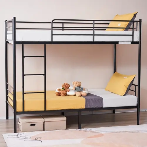 Karlhome Black/White/Gray Iron Twin Size Bunk Bed with Ladder for Kids, Sturdy Heavy-Duty Kids Bunk Bed Frame for Bedroom Space Saving,dorm essentials,home decor