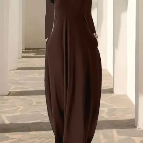 Women's Lady Long Coffee Leopard Print Dress, Casual Minimalist Fitted Round Neckline Long Sleeve Pocket Everyday Loungewear Sleepwear, Soft Fabric All Seasons Womenswear, Loungewear House Dress
