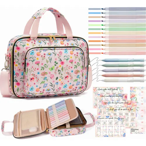 (Official)Floe Bible Cover for Women, Large Bible Bag with Shoulder Strap, Book Carrying Case, 12 Highlighters, 5 Gel Pens, 75 Tabs, Bible Study Journaling Kit, Easter  Christian Valentine Gifts for Women, Premium Organizer, Church