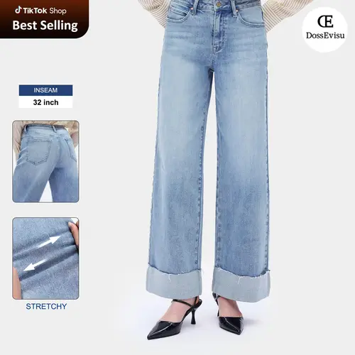 DOSSEVISU Woman Mid Rise Cuffed Wide Leg Jeans All Seasons Casual Outing Loose Baggy High Stretch Denim Pants Pockets Style