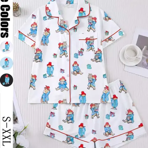 Women's Cute Bear Print Sleepwear Set Pjs, Short Sleeve Lapel Shirt & Loose Elastic Shorts, Casual All-Season Home Wear Loungewear