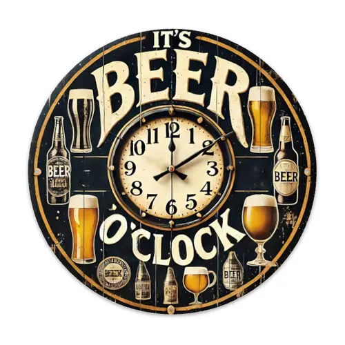 "BEER O'CLOCK" Vintage Metal Sign | 8x8 Inch (20x20 cm)  Rustic Metal Wall Art with Beer-Themed Clock Design | Perfect for Home Bar, Garage & Man Cave | Pre-Drilled Holes for Easy Indoor/Outdoor Hanging | Great Gift for Beer Lovers