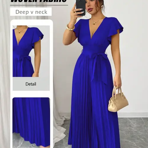 New Women's Chic V-Neck Pleated Wide Leg Jumpsuit, Waist Cinched Fitted Design, Casual Daily Wear, Commuting and Party