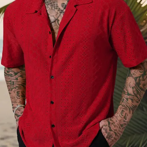 Casual Comfy Collared Plain Crochet Textured Jacquard Knitted Loose Short-Sleeve Tropical Menswear Shirt for Hawaiian Beach
