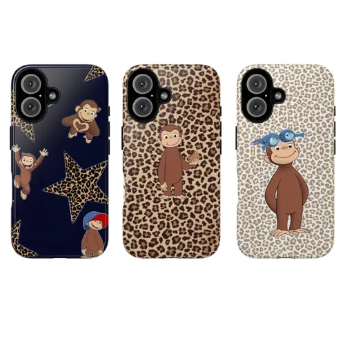 Curious George Cute Monkey Cartoon Smartphone Shell, Decorative Protective Cover for iPhone 11-17 Pro Max, Leopard Print, Shockproof TPU Lining, UV Printing, Precise Fit, High Color Fastness, Glossy/Matte Finish, Fan Gift, Cute Phone Accessories