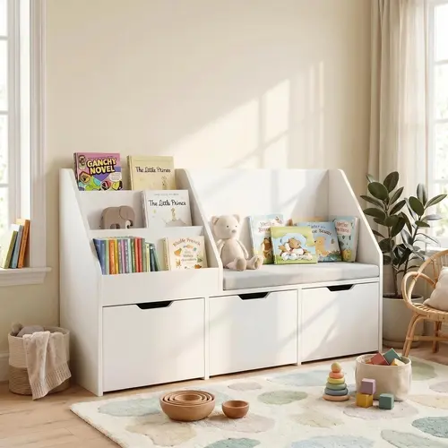 DAYAGO Kids' Indoor Furniture Bookshelf Rack - Sturdy Reading Nook with Soft Cushion, 3-Tier Built-In Shelving Cabinets, 3-Drawer Storage with Hidden Wheels, Tidy Toy & Book Organizer (Racks & Shelves), Tidy Toy Shelves, Bookshelf Book Rack, Toy Organizat