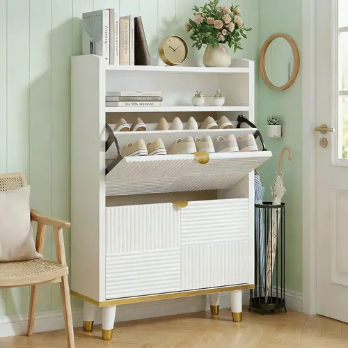 DAYAGO Modern Shoe Cabinet with 2/4 Flip Drawers, Shoe Storage Cabinet with Hidden Storage, Narrow Shoe Rack Cabinet, Freestanding Organizer Storage for Small-Sized Apartment, Multifunctional Furniture For Entryway Hallway, Living Room White
