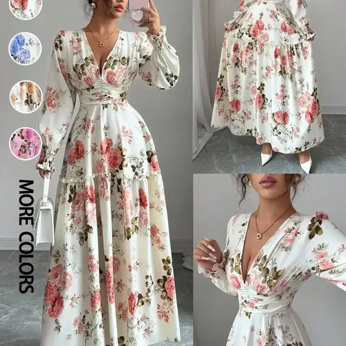 Women's French Style Ruched Cuffs Ruffled Long Sleeve Lantern Sleeves Slimming Floral Print Maxi Dress, Casual Wear for Spring
