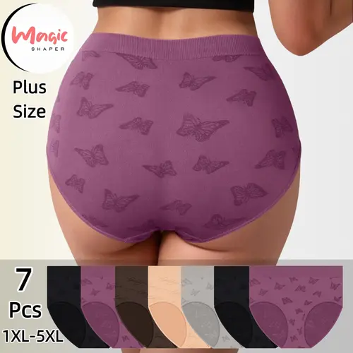 Women's Plus Size Seamless Low-Rise Panties Set (3/4/5/7 Pack) - Butterfly Printed, Smooth Elastane Underwear, Soft Stretch, Breathable, No Show, S-5XL, Style-Focused for Spring & Summer