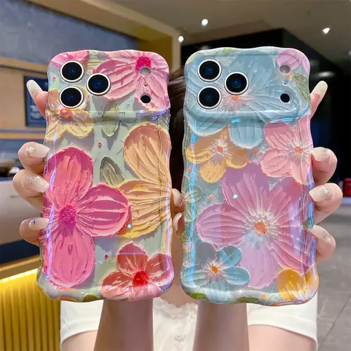 Colorful Retro Oil Painting Flower Pattern Compatible with iPhone 17 Pro Max/ 16/15/ 14/13,Pretty Glossy Pattern Wave Cover Cute Sparkly Floral TPU Protective Case for Women and Girl