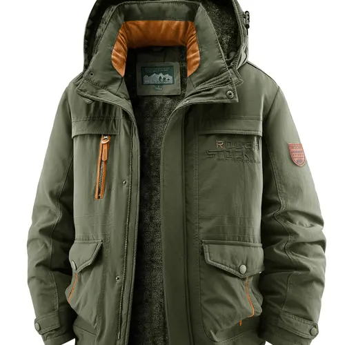 Men's Winter Thick Fleece Jacket with Hat, Windproof Waterproof Warm Casual Outerwear, Fashionable Comfort Design for Cold Weather Coats