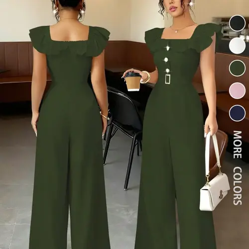 New Women's Square Neck Ruffle Mock Front Belted Button Pants, Button Front Overalls, Casual Fitted Long Pants for Spring & Fall, Elegant Commuter Wear