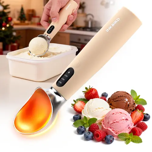 INKBIRD Rechargeable Heated Stainless Steel Ice Cream Scoop - Ergonomic Kitchen Utensil, Waterproof Kitchen Gadget, LED Display, Durable Zinc Alloy, Heated Digital, Easy Scooping Ice Cream Tool, Rechargeable Battery