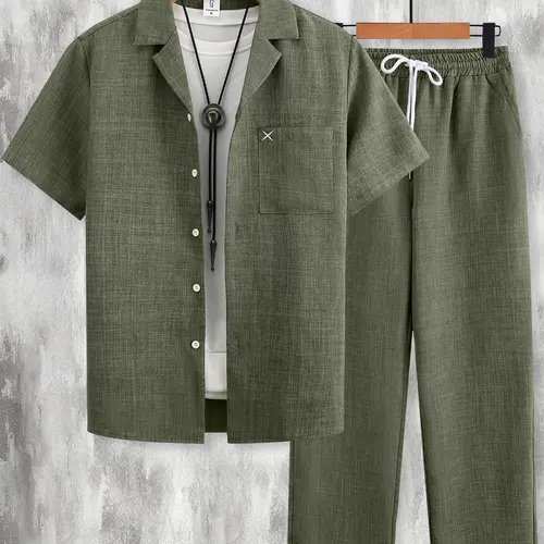 Men's Olive Green Plain 2-Piece Loungewear Set, Lounge Sets, Casual Short Sleeve Pocket Lapel Shirt & Drawstring Pants Matching Set, Soft Breathable Fabric, Relaxed Fit, Perfect for Weekend Relaxation & Indoor Activities, Outfit, Menswear