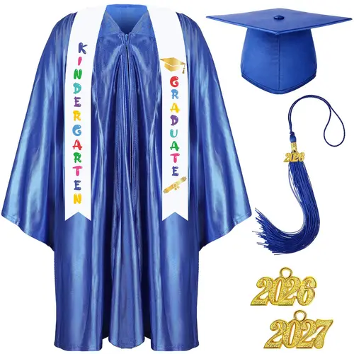 Kindergarten Graduation Cap and Gown Set for Class of 2026 Photoshoot, Satin Blink Gown, 2026 & 2027 Charms & Sash, Satin Kindergarten Graduation Outfit for Son Daughter Nephew Pre-K Preschool Kindergarten 1st Grade Grad Gift Memories Keepsakes