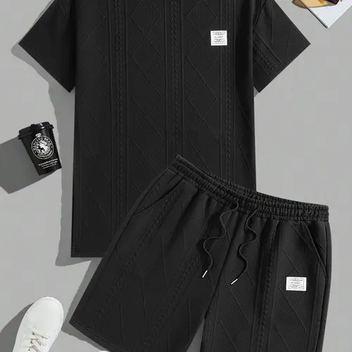 Men's 2-Piece Jacquard Textured Menswear Set - Crew Neck T-Shirt, Drawstring Waist Shorts, Regular Fit, Breathable Cool Summer Casual Clothes for Daily Outfits Inspo