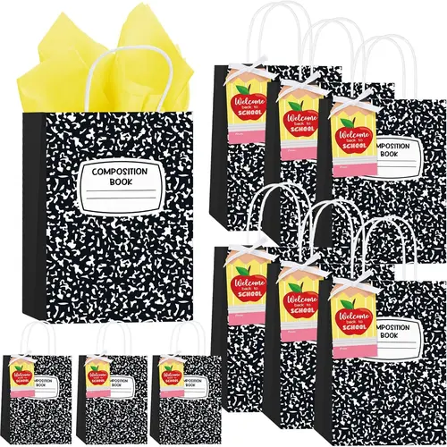 12/24 Pcs Back to School Gift Bags Composition Notebook Paper Bags with Gift Wrap Tissue Welcome Back to School Gifts for Kindergarten Students Teachers Preschool Graduation Last Day of School Party Favors Goodie Bags Thank You Gifts