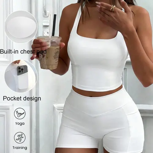 Women's Sporty Yoga Tank Top Set, Sports Fitness Wear, Exercise Clothing Set, Slim-Fit Square-Neck Backless Top, High-Waist Above-the-Knee Shorts, Sleeveless Activewear
