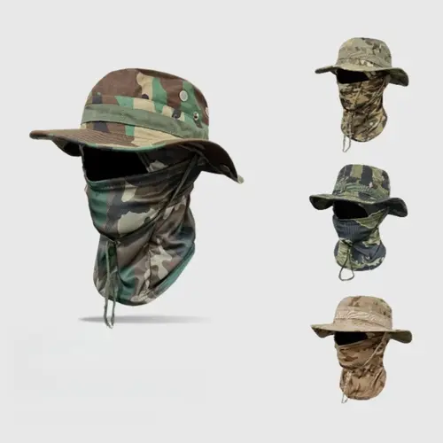 Men's Camouflage Print Bucket Style Hat - Adjustable Cotton Blend Wide-Brim Sunhat with Windproof Drawstring, Packable for Fishing & Outdoor Trips, Men's Accessories