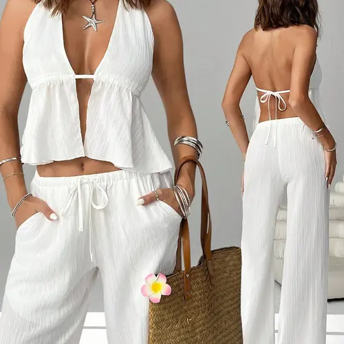 Women's 2-Piece Set, Backless Tie Neck Adjustable Fit Sleeveless Top & Solid Color Elastic Waist Straight Leg Pants, Summer Beachwear Clothes