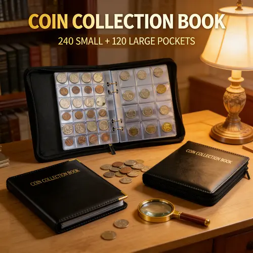 Black Coin & Stamp Collection Album with Zipper, Corner Protectors, Moisture-Shield, Travel-Friendly - 240 Small & 120 Large Pockets, Oxidation-Reducing Home Organizer Storage Holder for Pennies, Nickels, Dimes, Quarters, Half Dollars, Dollar Coins, 360 T