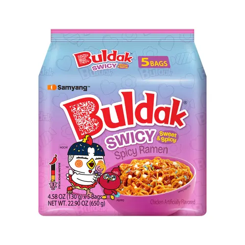 Samyang Buldak Swicy Korean Instant Ramen Noodles Mild Sweet and Spicy Stir-Fried Chicken Flavor with Crunchy Star Sugar Sprinkles 4.58oz (Pack of 5)