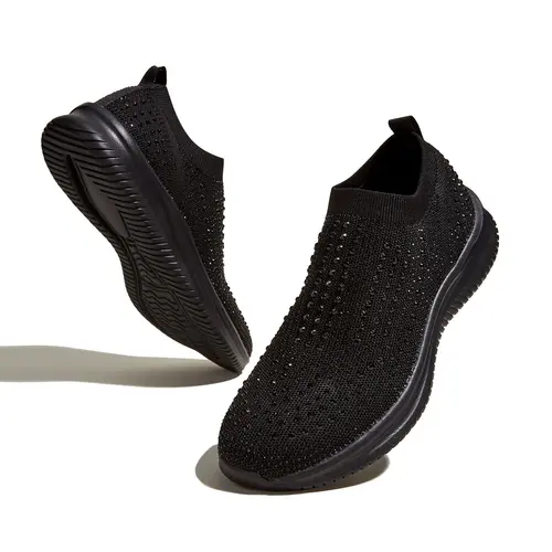 LUCKY STEP Women's Rhinestone Mesh Slip-On Fashion Walking Shoes - Breathable Sparkle Glitter Casual Mesh Athleisure Sneakers for Daily Wear, Athletic Outdoor Use, Mesh Athleisure Shoes,back to school,back to school haul