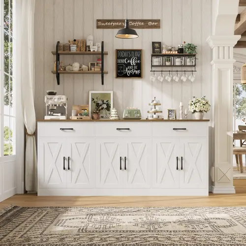 【2 packages shipping】HOSTACK 71" Large Sideboard Buffet Cabinet with 3 Drawers & 3 Cabinets for Kitchen Storage, Farmhouse Coffee Bar Cabinet for Dining Room & Living Room, Easy Assembly