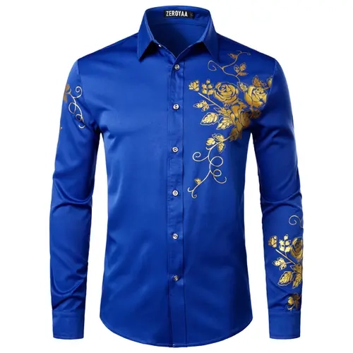 ZEROYAA Men's Fitted Slim-Fit Floral Print Button-Up Dress Shirt - Smart Casual Style, Lightweight Stretch Fabric, All-Season Long-Sleeve Top for Night Out Parties, Urban Gatherings