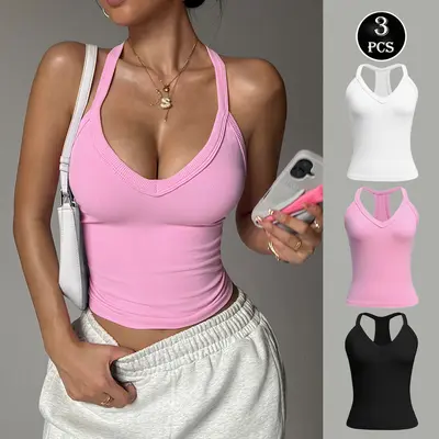 TCVC 3 Pack Women's Halter Tank Tops, V Neck Ribbed Sleeveless Crop Tops, Casual Layering Camisole for Women, 4 Way Stretch Breathable Tops for Workout Yoga Daily Outing - TCVC