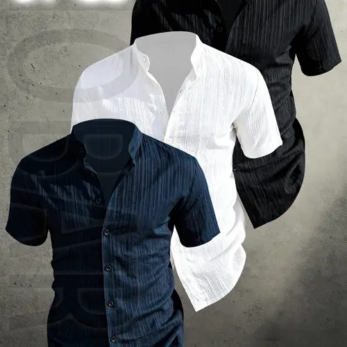 Men's Summer Short Sleeve Shirt - Menswear Lightweight Breathable Solid Color Plain Button-Up Casual Shirt with Stand Collar, Low-cut collar designr Beach Vacation, Pool Party & Casual Attire, Beach Shirt, gift for husband, Casual Summer Clothing