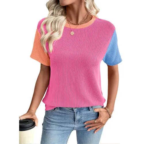 EVALESS Women's Short Sleeve T Shirts Crewneck Ribbed Knit Multicolour Block Tee Blouses Tops 2026 Womenswear Trendy Springtok Summer Outfits  Deals For You Days summer outfits