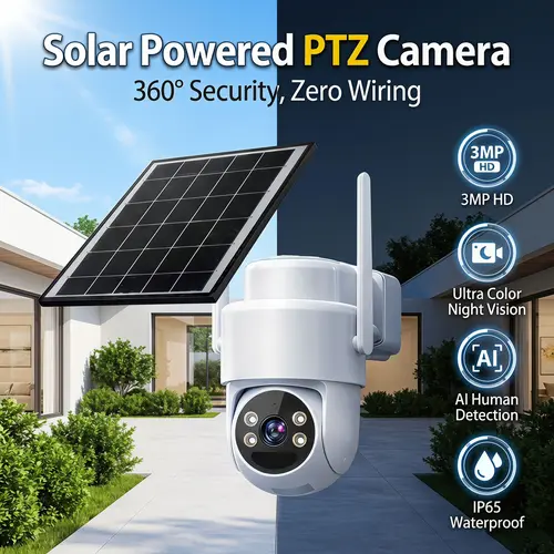 【Solar Powered Outdoor PTZ Security Camera】3MP 1296P Ultra Color Night Vision 4 LED Spotlight Alarm PIR Detection 2 Way Talk 6W Panel 30 Day Battery 2.4GHz WiFi SD up to 128GB Weatherproof IP65