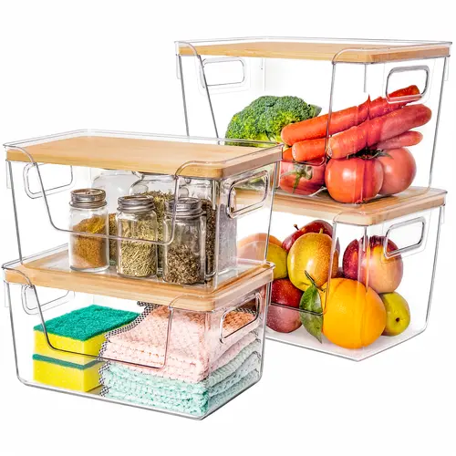 Criusia High-Quality Plastic Kitchen Food Storage Container with Wooden Lid - Transparent Fridge Organizer, Home Organization Solution, Condiment Container for Pantry,dorm essentials,home decor