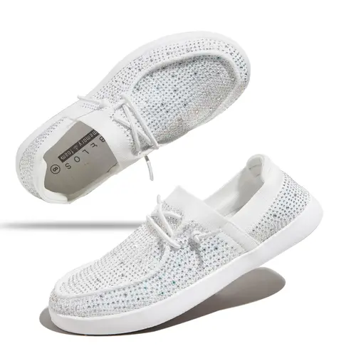LUCKY STEP Women's Rhinestone Lace-Up Loafers - Casual Slip-On Mesh Knit Walking Flat Shoes, Lightweight Sparkly Glitter Sneakers, Round Toe All-Season Outdoor Shoes for Women, Sneakers For Women, Women's Sneakers