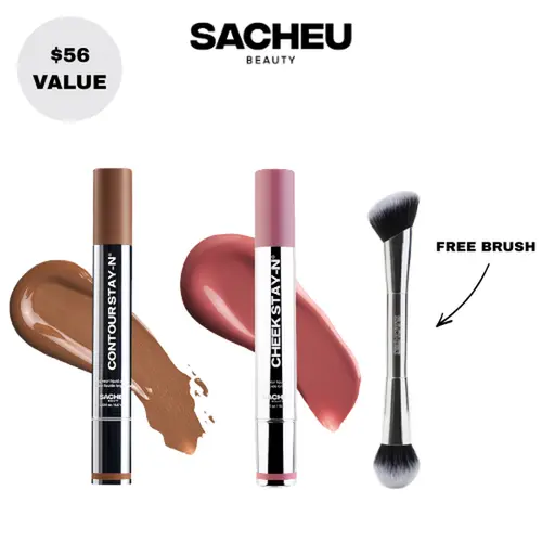 sacheu Sculpt & Blush | FREE Cheek & Contour Brush Included | Contour & Cheek STAY-N Duo | All-Day Waterproof Blush & Bronzer Set