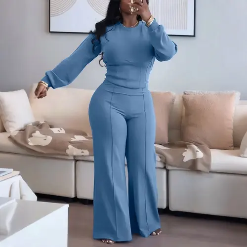 CHICME Women's 2 Pieces Outfit O-neck Long Sleeve Cinched Waist Sweatshirt and Elastic Waist Wide Leg Pants Set Casual Seam Design Sweatpants Set