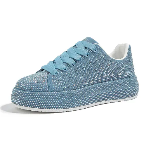 LUCKY STEP Women's Low Top Lace-Up Fashionable Sneakers - Lightweight Chunky Closed Platform Rhinestone Bedazzled Cute Glitter Synthetic Women's Shoes, Casual Wear Bedazzled Cute Glitter Casual Trainers for Wedding Bridal Party, Summer Outdoor Walking