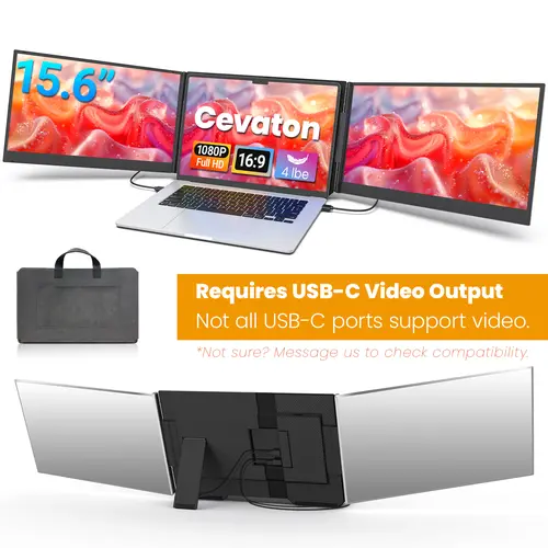 Cevaton 15.6" Dual Laptop Screen Extender, Dual Portable Monitor for 13"-17.3" Premium & Pro Laptops, USB-C or HDMI Display Setup, Requires Dual External Display Support, 4 lbs, 4th of july gifts