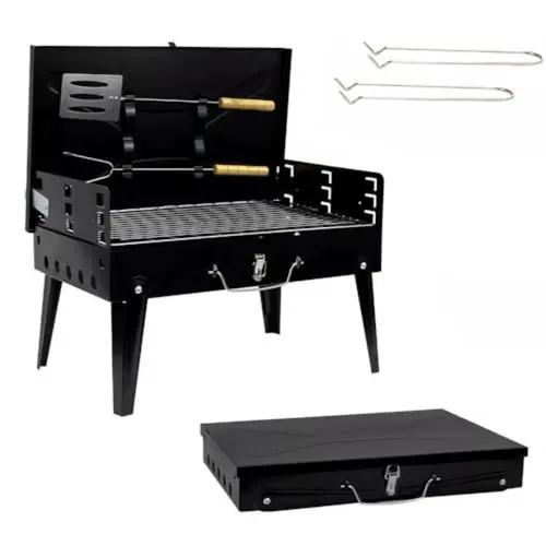 17-Inch Compact Portable Charcoal Barbecue Grill, Foldable Stainless Steel Camping Equipment with Adjustable Height, Tools, Dust-Proof Design, Foldable Legs, Windproof Vent for Backyard, Outdoor Camping Supplies