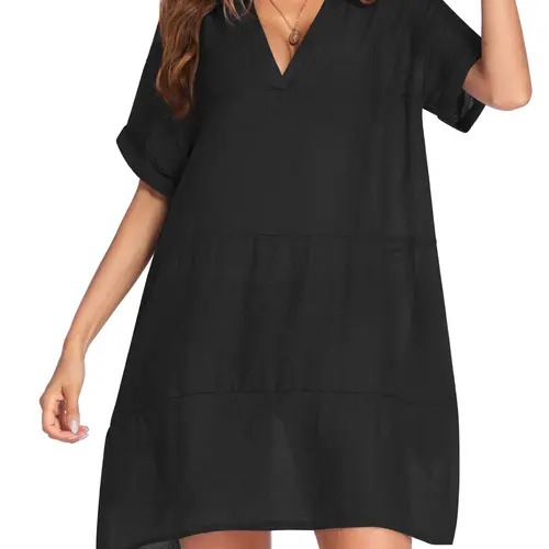 Zeagoo Women's Swimsuit Cover Up Shirt Summer Bathing Suit Dress Black V-Neck Short Sleeves Beachwear Swimwear Coverups Womenswear Blouses summerwins,back to school,back to school shopping